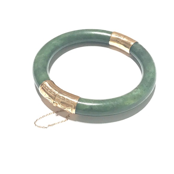 14 K Gold Natural Green Jade Bangle - Picture 2 of 8